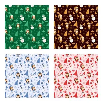 Christmas Background Seamless Pattern With Santa Claus, Tree, Socks, Snowman  Stock Illustration
