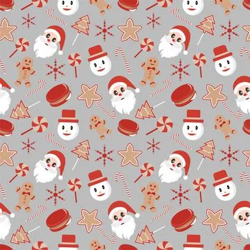 Christmas Background Seamless Pattern With Santa Claus, Tree, Socks, Snowman  Stock Illustration