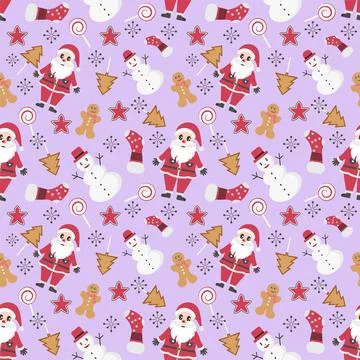 Christmas Background Seamless Pattern With Santa Claus, Tree, Socks, Snowman  Stock Illustration