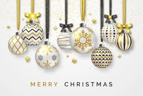 Christmas background with shining stars, bows, confetti and colorful balls... Stock Illustration