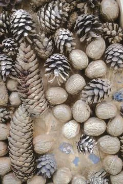 Christmas background with silver pine cones and walnuts Stock Photos