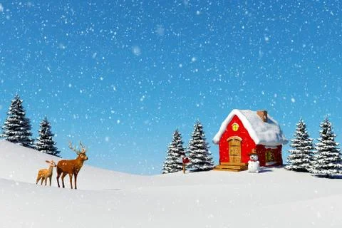 Christmas background, Small red cabin with snowman in winter landscape Stock Illustration
