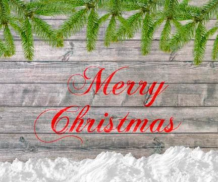 Christmas background with snow pine tree and Merry Christmas Stock Photos