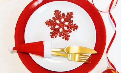 Christmas background table setting and decor. Selective focus. Stock Photos