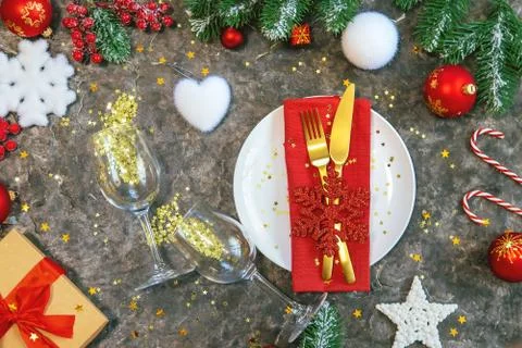 Christmas background table setting and decor. Selective focus. Stock Photos
