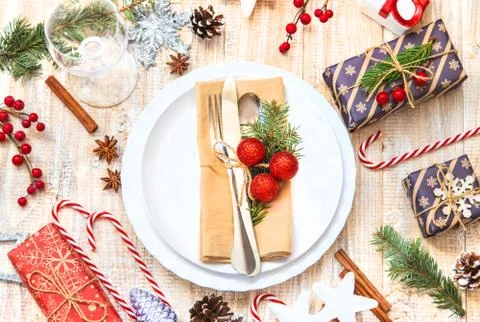 Christmas background. Table setting. Selective focus. Holiday. Stock Photos