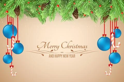 Christmas background. Template for your project. Blue balls. Snowy berries wi Stock Illustration