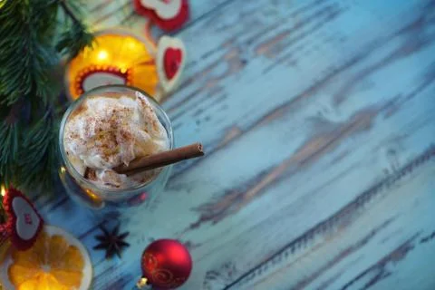 Christmas background top view with selective focus on cup of coffee Stock Photos