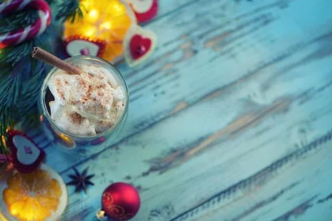 Christmas background top view with selective focus on cup of coffee 3 Stock Photos