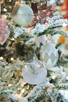 Christmas background of tree branches with balls Stock Photos