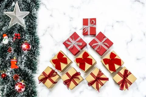 Christmas background with tree, decor, gift boxes Stock Photos