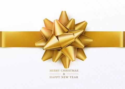 Christmas background. White gift box with golden bow and horizontal ribbon Stock Illustration