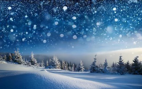 Christmas Background Winter Landscape With Snow Falling Stock Photos
