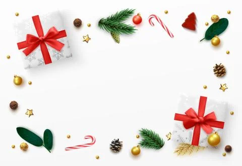 Christmas background. Xmas decoration elements design, white gift box, gold b Stock Illustration