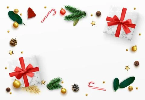 Christmas background. Xmas elements design, white gift box, gold ball, pine b 스톡 일러스트