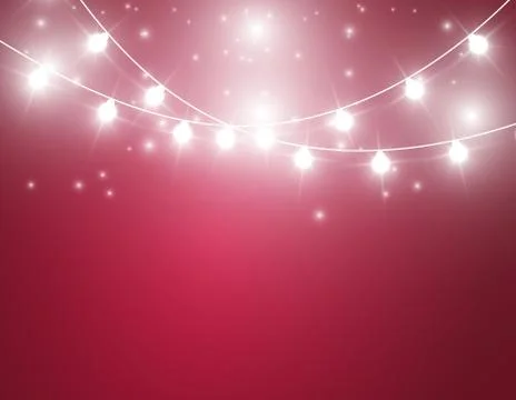 Christmas background with xmas lights. Vector glowing garland isolated on red Stock Illustration