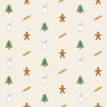 Christmas baking seamless pattern with gingerbread man cookies, Christmas tree Stock Illustration