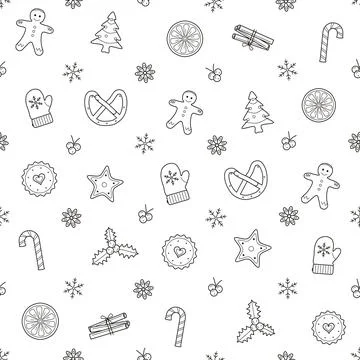 Christmas baking seamless pattern with hand drawn cookies Stock Illustration