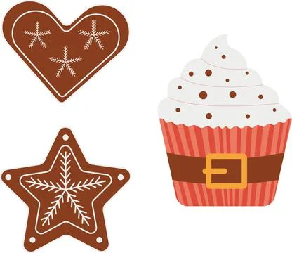 Christmas baking, Set of festive gingerbread cookies and cupcake. Stock Illustration