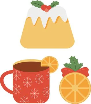 Christmas baking, Set of hot tea, dry orange and pastry. Vector illustration. Stock Illustration