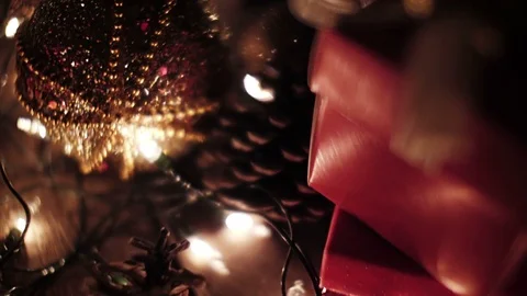 Christmas ball and gift boxes decoration with bokeh lights Video stock 80963180