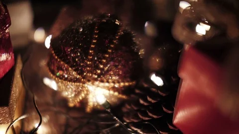 Christmas ball and gift boxes decoration with bokeh lights Stock Footage 81361410