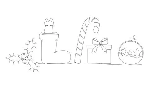 Christmas ball, gift box, candy can continues one single line hand drawing イラスト素材