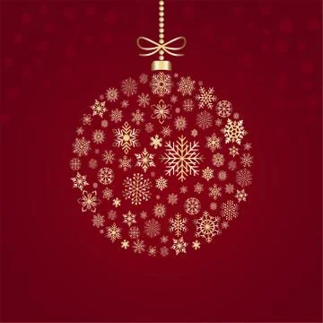 Christmas ball or bauble vector and snowflakes. Gold Hanger with loop and chain. Stock Illustration