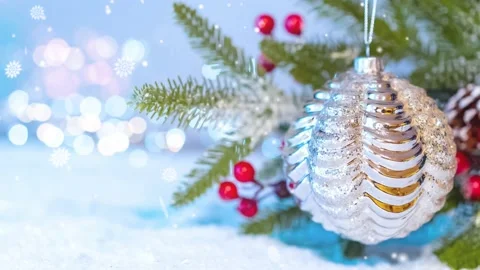 Christmas Ball with Winter Snow Falling Background 4K. Stock Footage 221964344