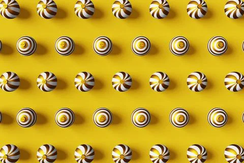 Christmas balls 3D pattern wallpaper top view flat lay yellow background. Xma Stock Illustration