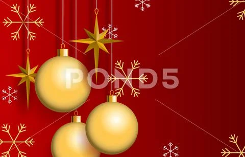 Christmas balls and stars ornaments on red background Stock Illustration