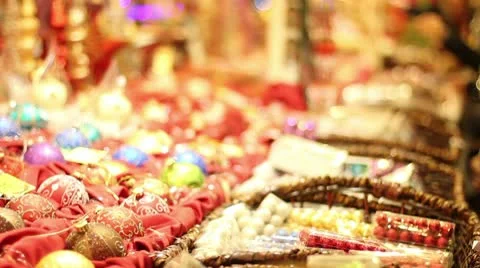 Christmas balls and tree decorations sold on the market Stock Footage