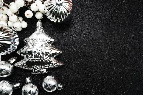 Christmas balls composition with space copy on Black glitter background Stock Photos