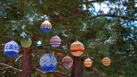 Christmas balls hanging on pine branches covered with snow 스톡 동영상 70293467