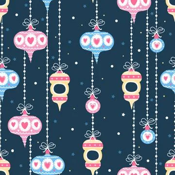 Christmas balls hanging seamless pattern on dark background for wrapping paper Stock Illustration