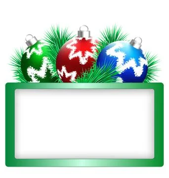 Christmas balls with pine and frame on white Stock Illustration