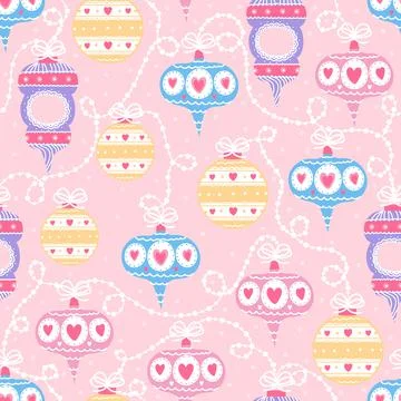 Christmas balls seamless pattern on pink background in cartoon style for Stock Illustration