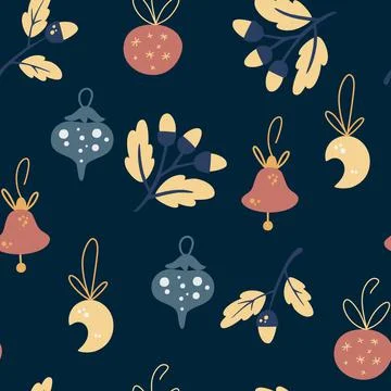 Christmas Balls Seamless pattern. Twigs with acorns and holidays decorations. Stock Illustration