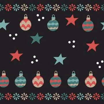 Christmas balls, snowflakes . Seamless pattern on dark background. Stock Illustration