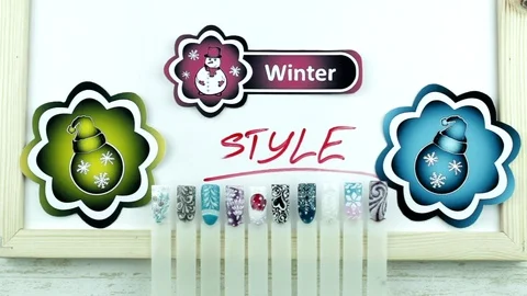 Christmas balls stickers and winter manicure Stock Footage 83382353