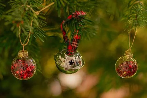 Christmas balls on tree Stockfoto's