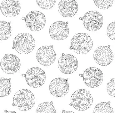 Christmas balls vector seamless pattern. Handmade coloring for adults Stock Illustration