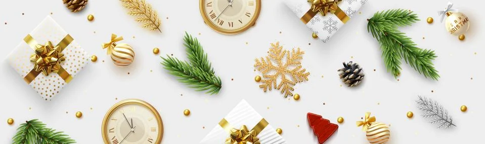 Christmas banner. Background Xmas objects viewed from above. Pattern Merry Ch Illustrazione stock