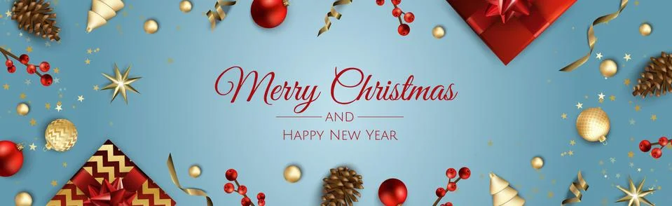 Christmas banner. Background Xmas objects viewed from above. Winter sale Illustrazione stock