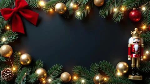 Christmas banner on black with toy Nutcracker and garlands Stock Footage 288215547