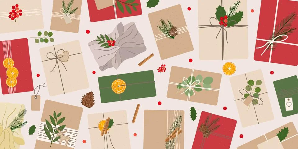 Christmas banner with craft gift boxes with dried oranges, fir, pine cone, wi Stock Illustration
