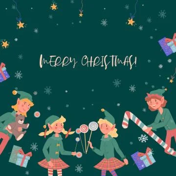Christmas banner with elves flat vector illustration on green background. Stock Illustration