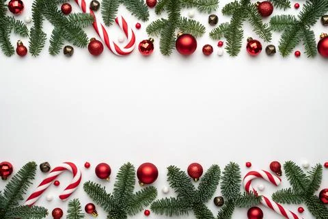 Christmas banner with holiday decorating frame on white background Stock Photos