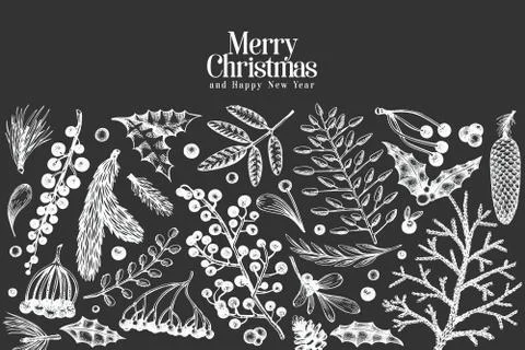 Christmas banner template. Vector hand drawn illustrations on chalk board. Gr Stock Illustration