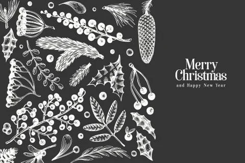 Christmas banner template. Vector hand drawn illustrations on chalk board. Gr Stock Illustration